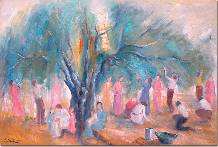 Lebanon art painting, Liban art peintre tableau, Olive Picking - Cueillette